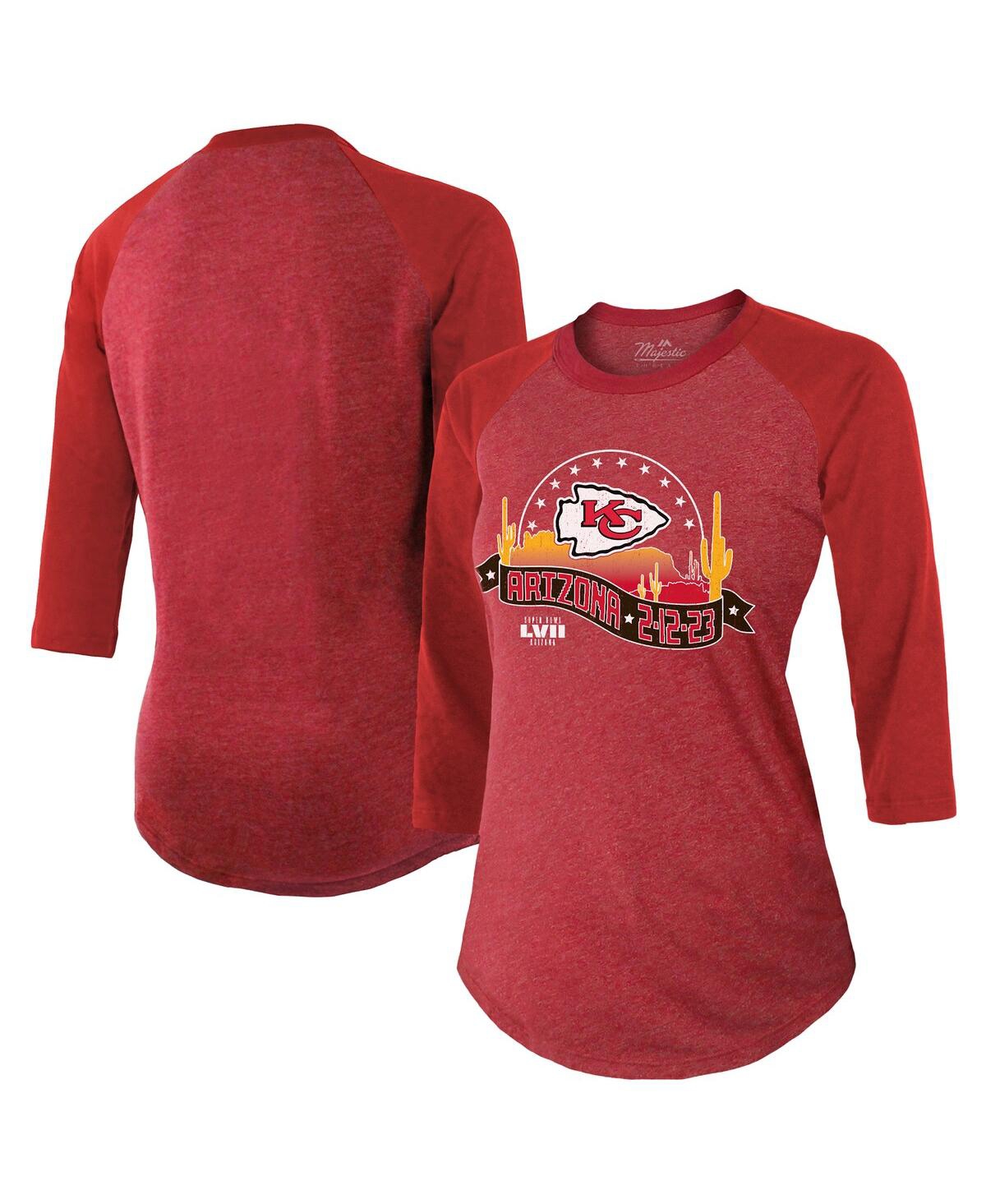 Shop Majestic Women's  Threads Red Kansas City Chiefs Super Bowl Lvii Desert Tri-blend Raglan 3/4 Sleeve T
