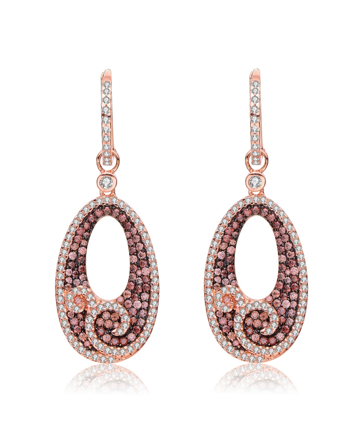 Sterling Silver 18K Rose Gold Plating Cubic Zirconia Open Oval Dangle Swirl Earring - Brown