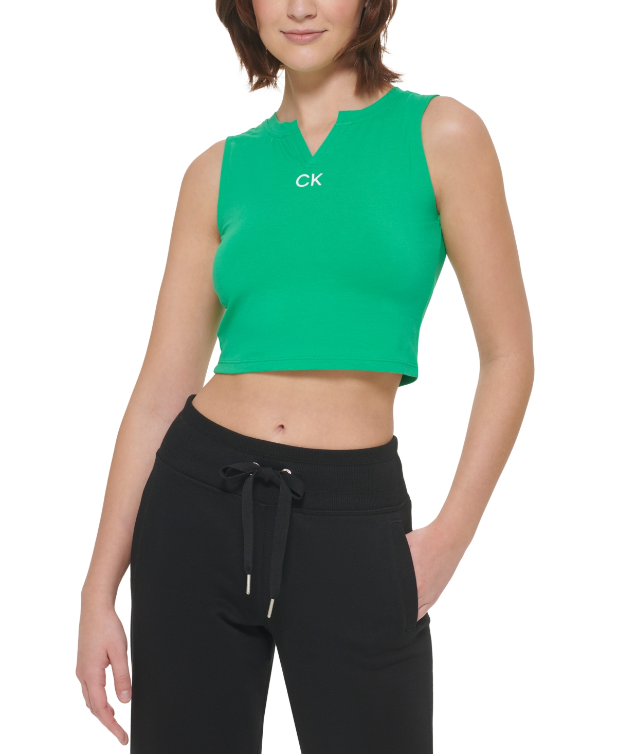 Calvin Klein Performance Women's Logo-print Split-neck Cropped Tank In Clover