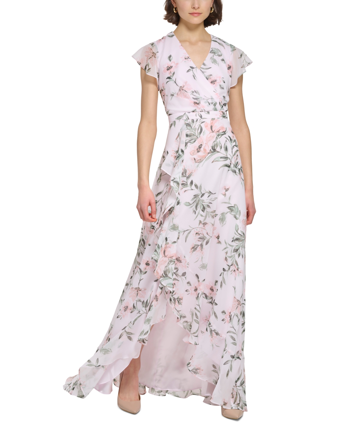 Calvin Klein Floral Flutter Sleeve Faux Wrap Maxi Dress In Blush Multi |  ModeSens