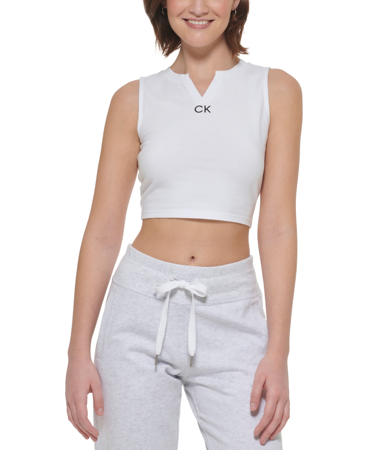Calvin Klein Performance Women's Logo-print Split-neck Cropped Tank In White