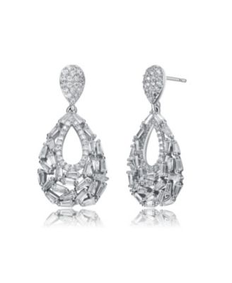 Sterling Silver Baguette & Round CZ Pear Shape Drop Earrings