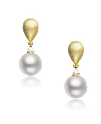 Cubic Zirconia Sterling Silver Brushed Gold Plated Pearl Drop Earrings