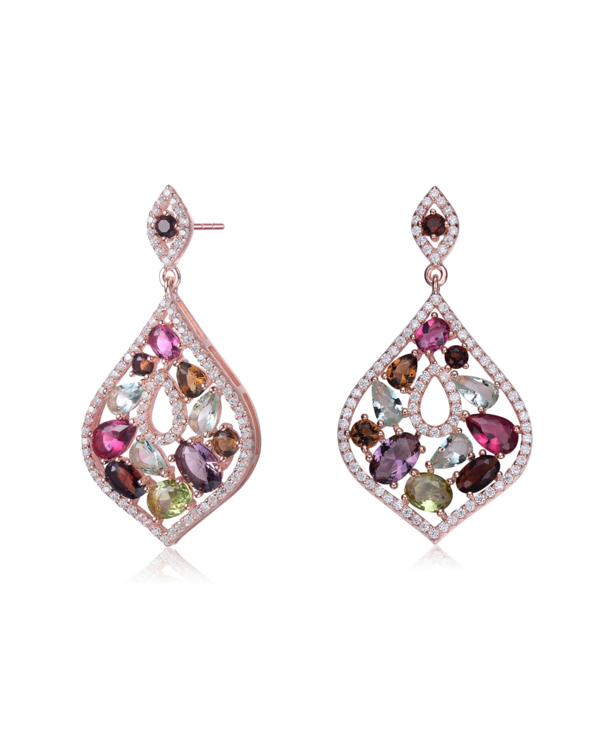 Sterling Silver 18K Rose Gold Plated Multi Colored Cubic Zirconia Accent Dangle Earrings - Open Miscellaneous