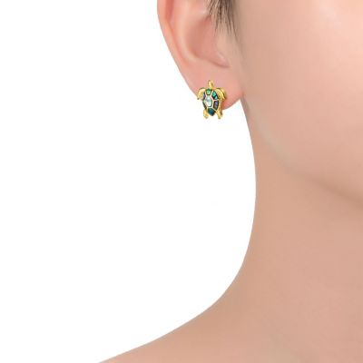 Sterling Silver 14k Gold Plated with Shimmering Abalone Shell Inlay Sea Turtle Stud Earrings