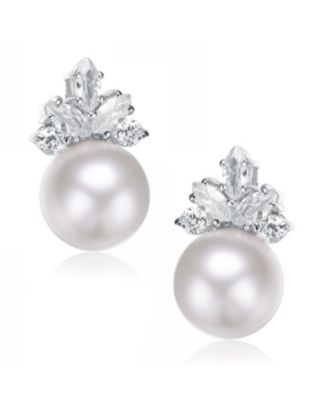 Elegant Fresh Water Pearl Marquise Earrings in Sterling Silver White Gold Plating with Cubic Zirconia