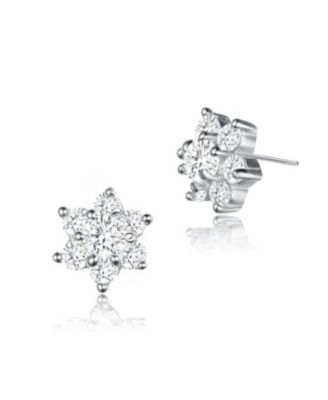 Sterling Silver Clear Round Cubic Zirconias Flower Shape Earrings