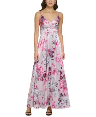 Vince Camuto - Women's Floral-Print Spaghetti-Strap Satin Gown