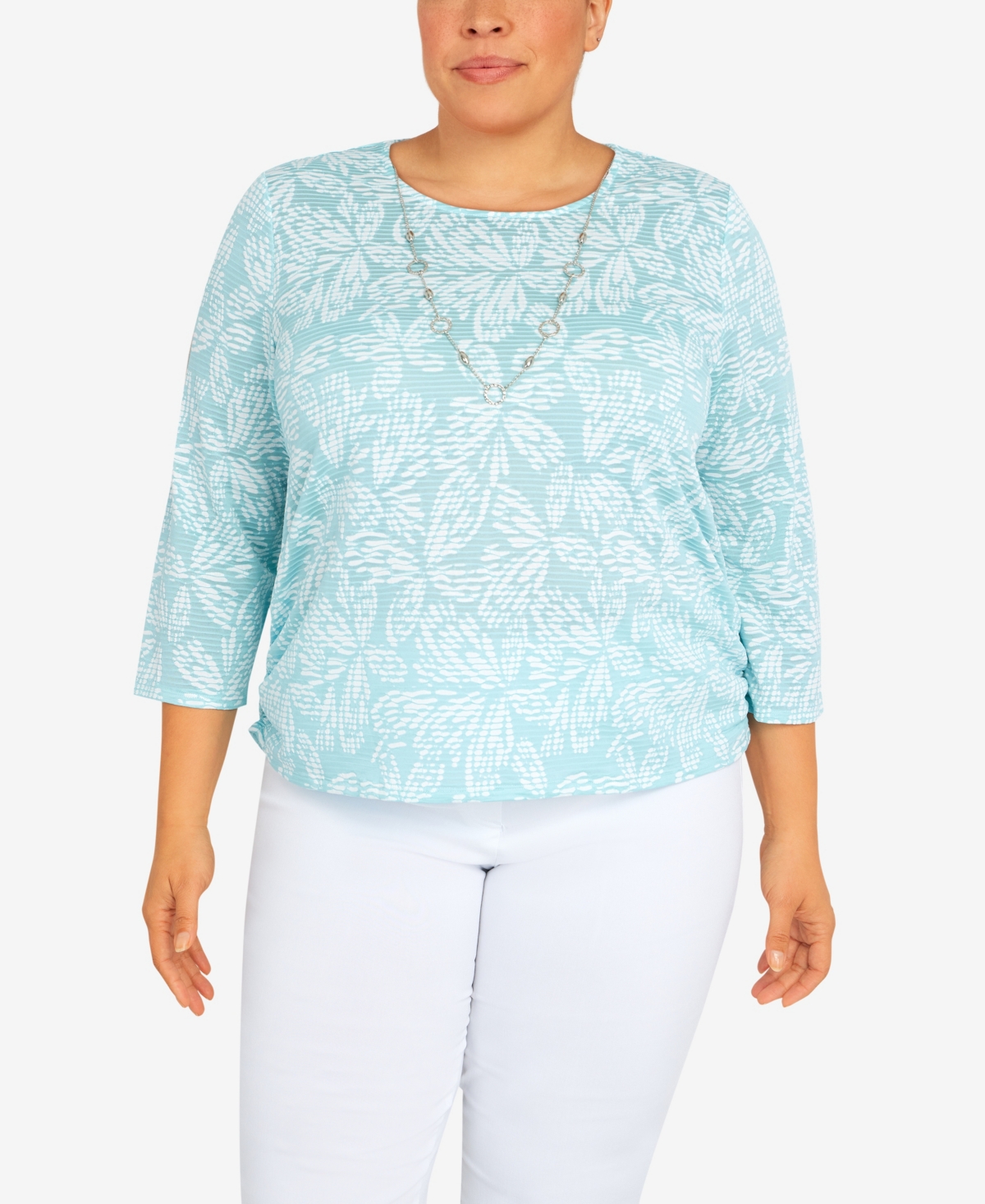 Alfred Dunner Plus Size Classic Floral Jacquard Butterfly Knit Top With Necklace In Blue Mist