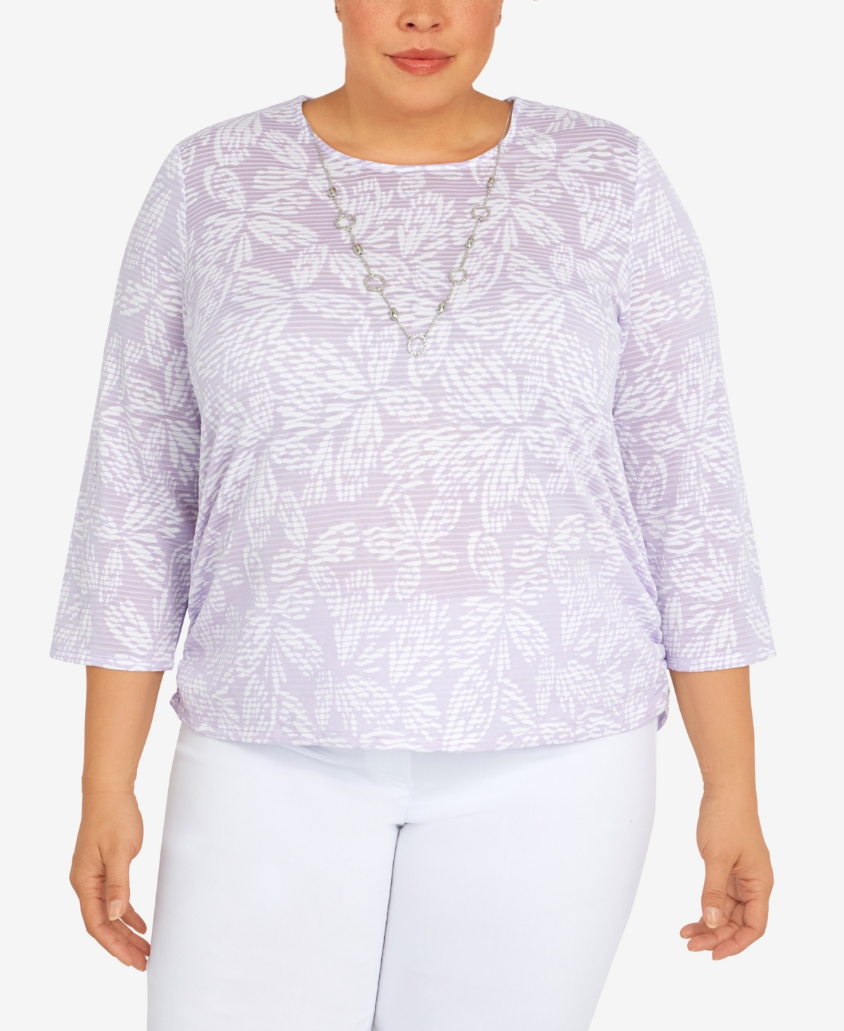 Alfred Dunner Plus Size Classic Floral Jacquard Butterfly Knit Top With Necklace In Lilac