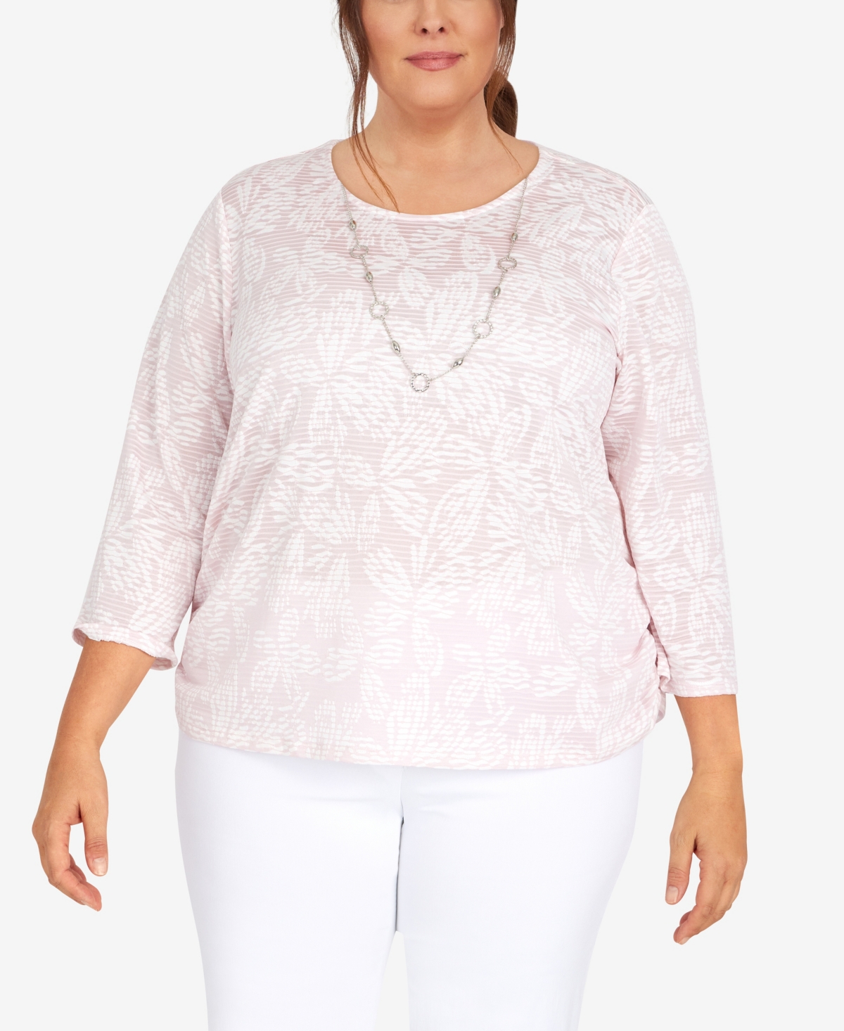 Alfred Dunner Plus Size Classic Floral Jacquard Butterfly Knit Top With Necklace In Tearose