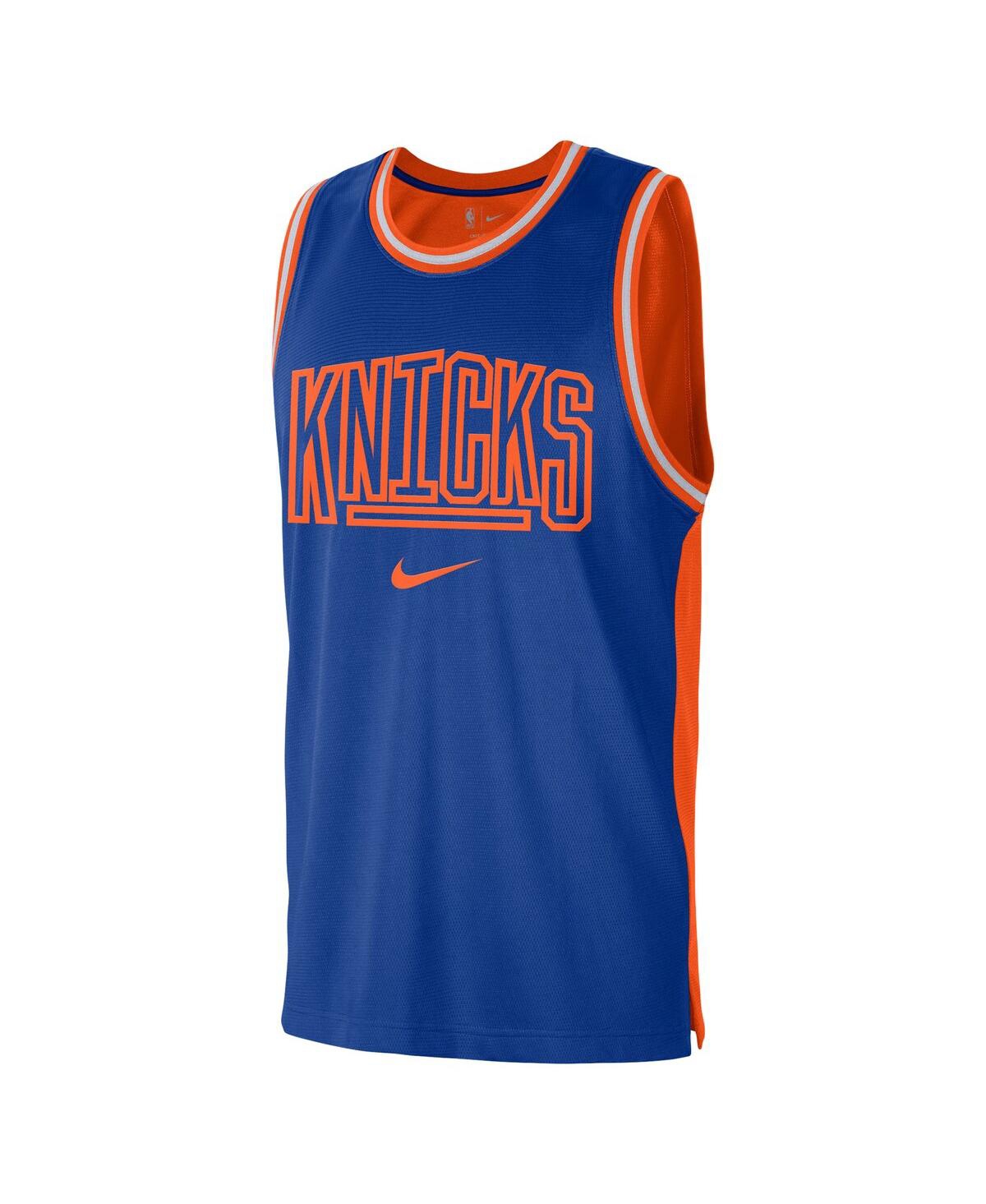 Shop Nike Men's  Blue And Orange New York Knicks Courtside Versus Force Split Dna Performance Mesh Tank To In Blue,orange