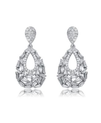 Sterling Silver Baguette & Round CZ Pear Shape Drop Earrings