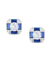 Genevive Sterling Silver White Gold Plated with Blue Sapphire & Vintage Cushion Geometric Stud Earrings - Blue