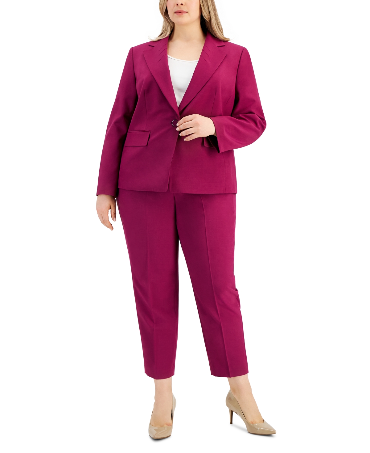 Le Suit Plus Size Stretch Crepe One-button Pantsuit In Wild Rose