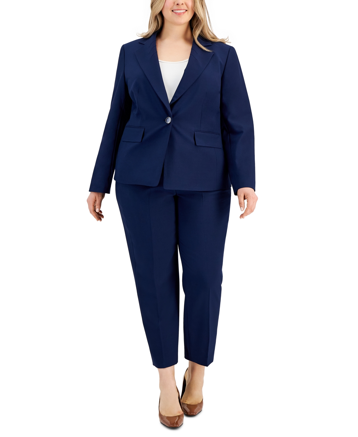 Le Suit Plus Size Stretch Crepe One-button Pantsuit In Indigo