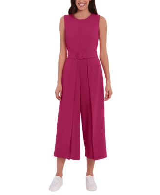 London Times - Women's Jewel Neck Belted Cropped Jumpsuit