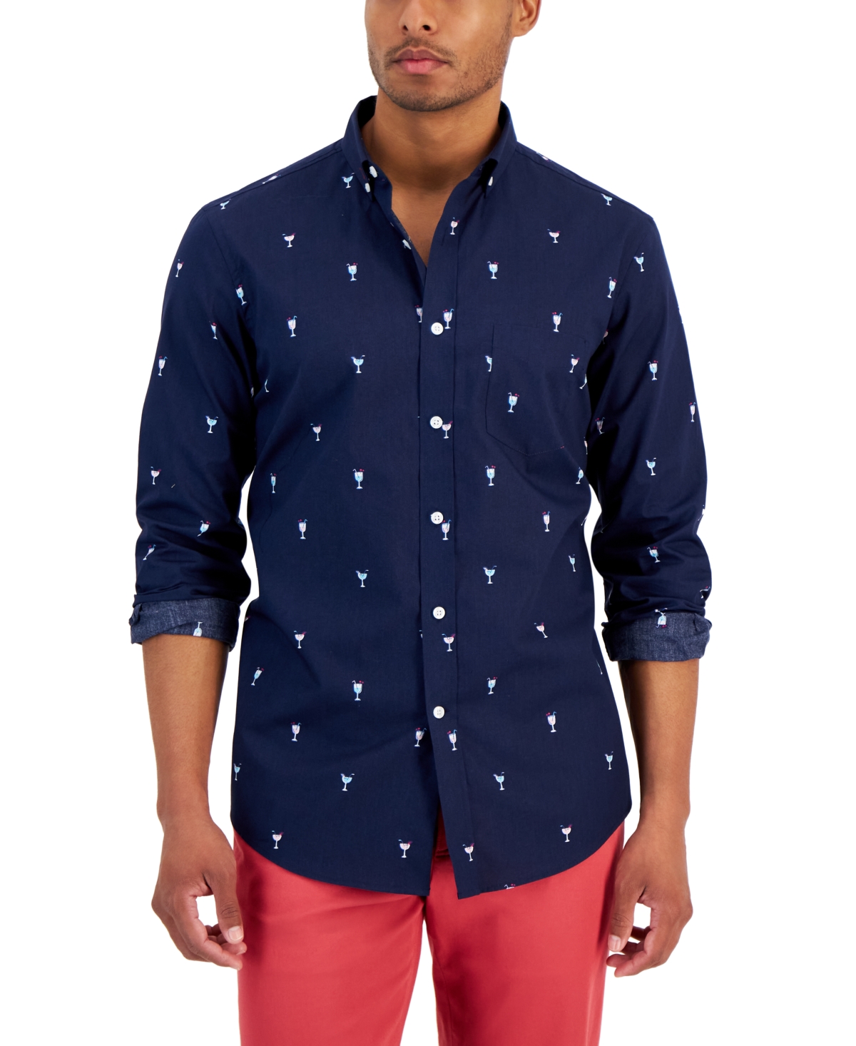 Club Room Men's Cocktail Lite Regular-Fit Printed Button-Down Poplin Shirt, Created for Macy's