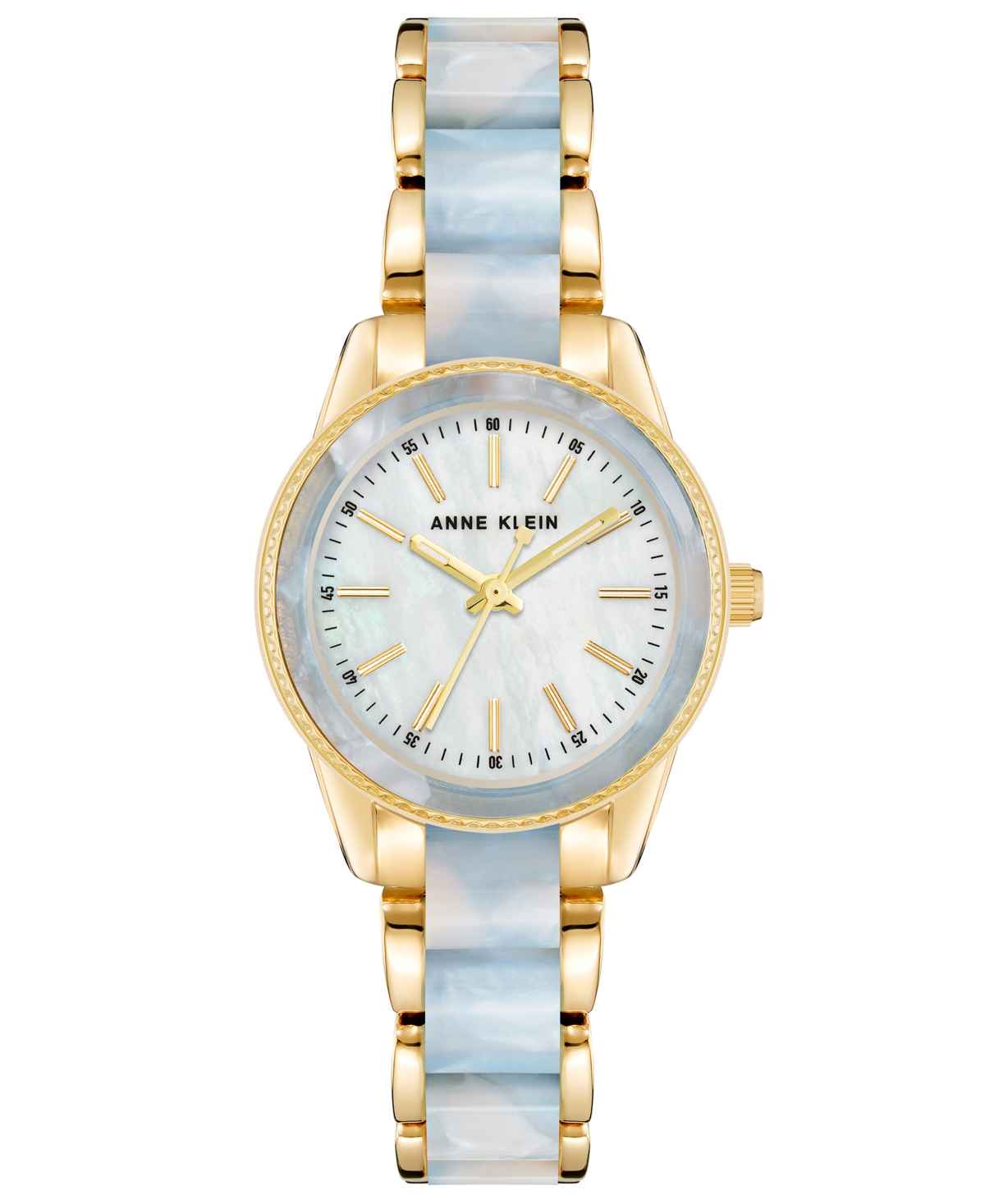 Anne Klein Women's Three Hand Quartz Gold-tone Alloy And Light Blue Marbled Acrylic Link Bracelet Watch, 30mm In Rose Gold-tone,light Blue