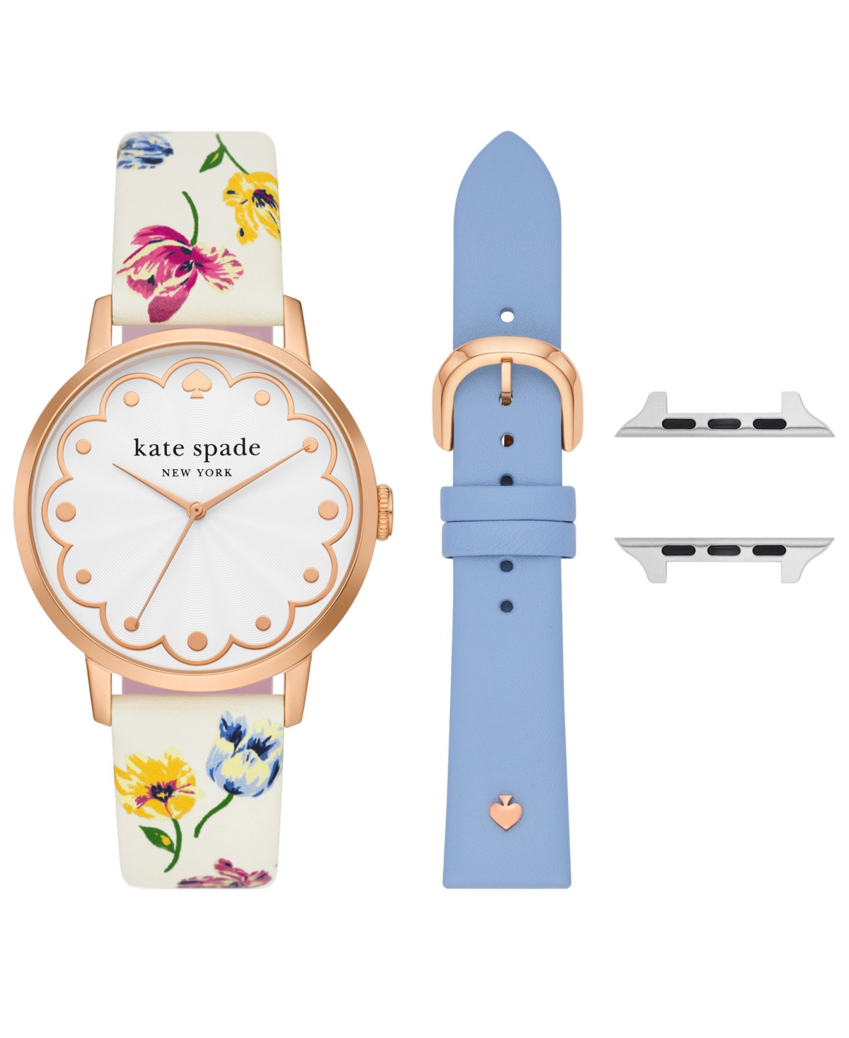 kate spade new york Womens Three Hand Quartz White Floral and Blue Leather Cross-Compatible Bands for Apple Watch, 38, 40, 41mm with Classic Watch Head Set, 38mm