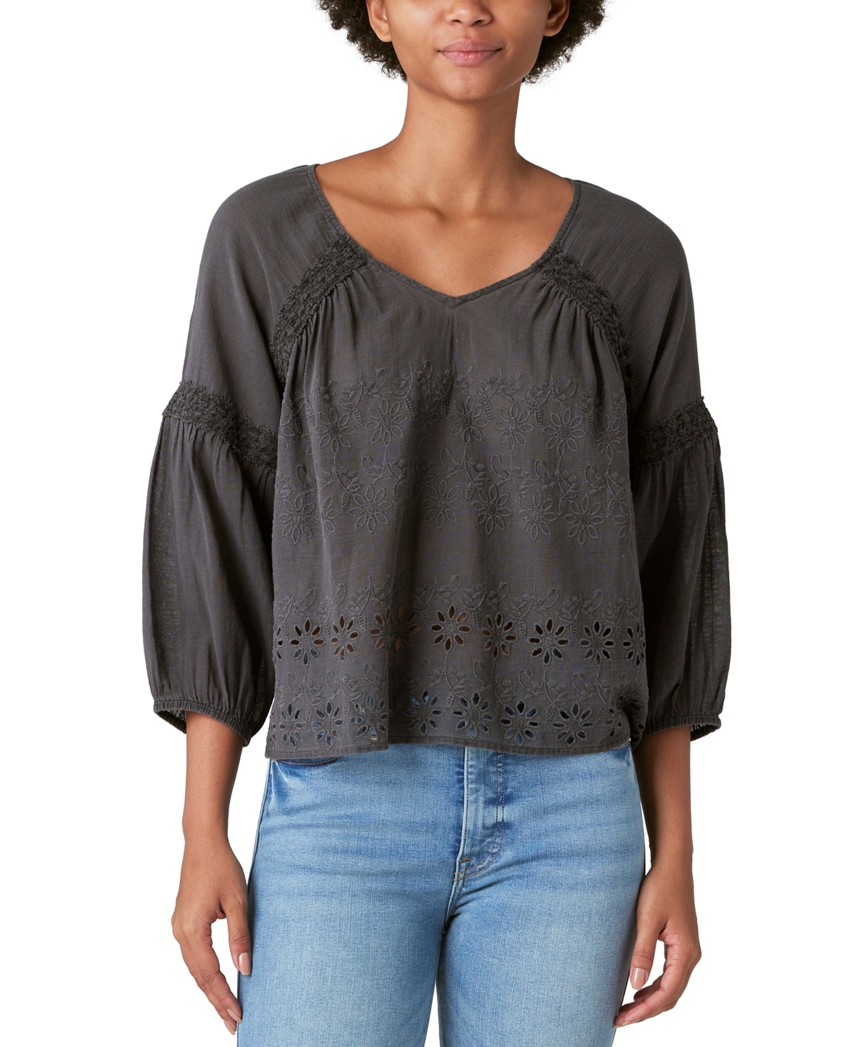 Shop Lucky Brand Women's Cotton Lace-trim Embroidered Top In Raven