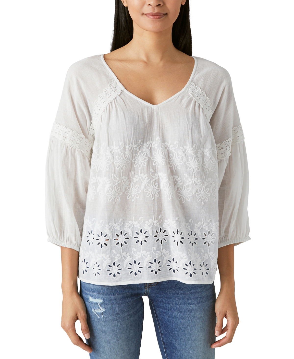 Shop Lucky Brand Women's Cotton Lace-trim Embroidered Top In Whisper White