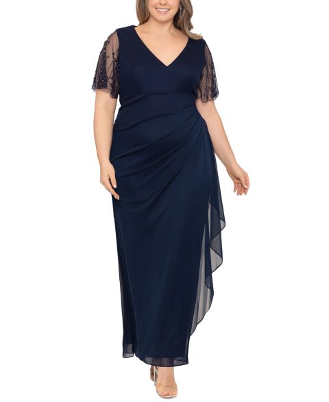 Женские платья XSCAPE Lace-Sleeve Gown, цвет: Тёмно-синий графитовый