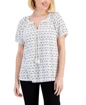 Style & Co - Petite Cotton Split-Neck Tasseled-Tie Top