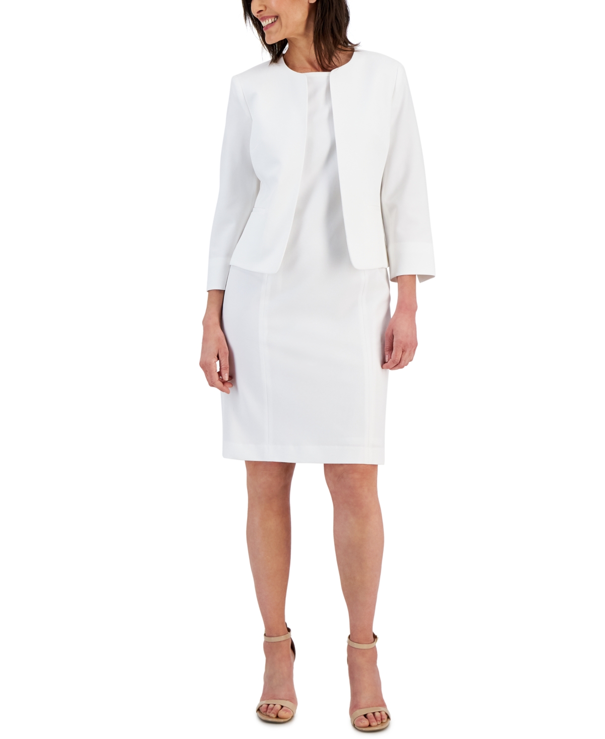 Women's Collarless Jacket & Sheath Dress Suit, Regular & Petite - Natural White