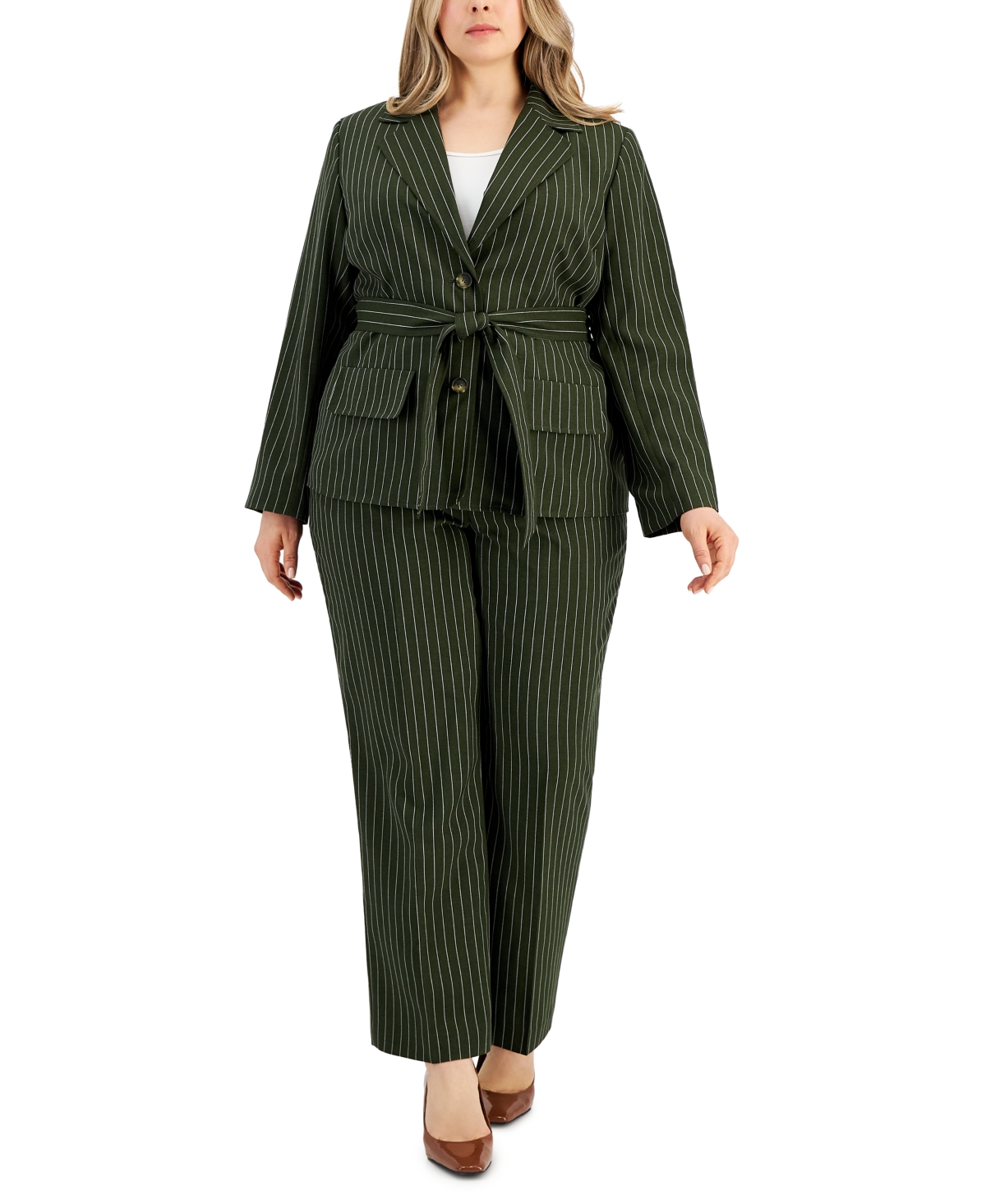 Le Suit Plus Size Striped Belted Pantsuit -White