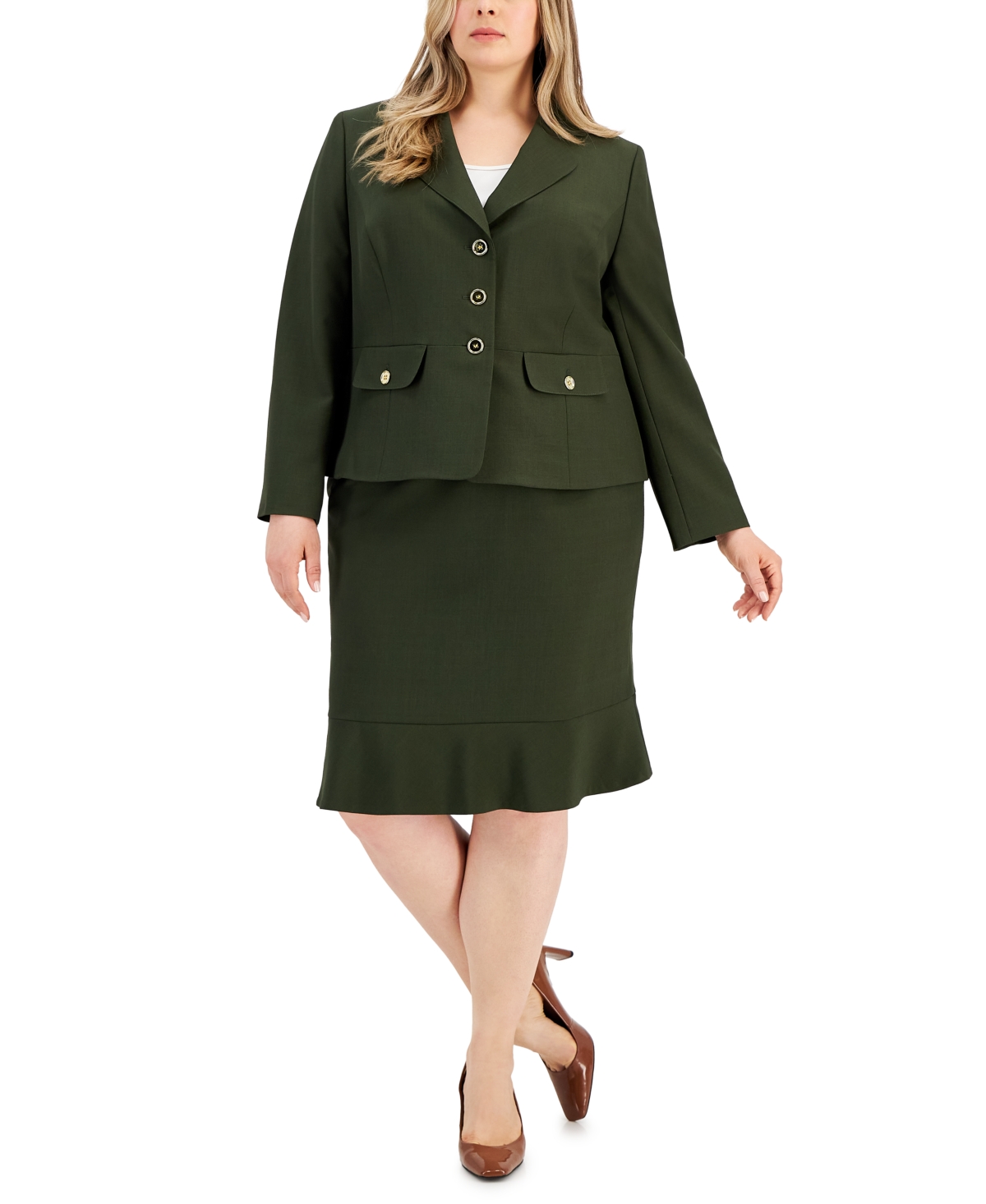 Le Suit Plus Size Three-button Jacket & Flounce-hem Skirt In Basil