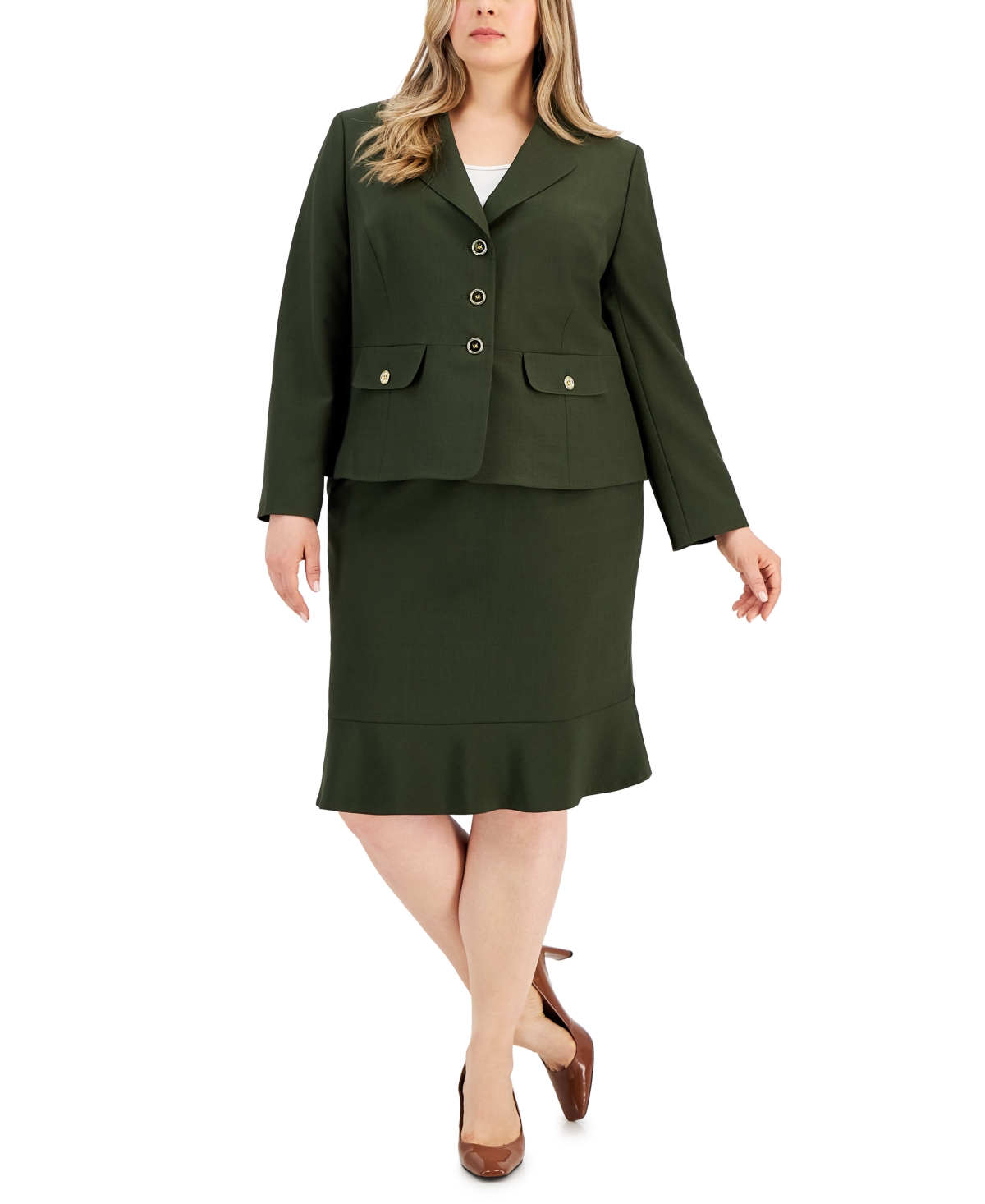 Plus Size Three-Button Jacket & Flounce-Hem Skirt - Cornflower