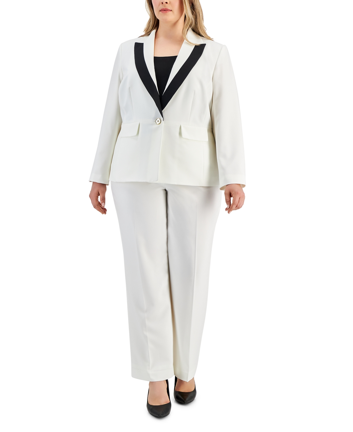 Le Suit Plus Size Contrast-Trim Peak-Lapel Pantsuit -Black