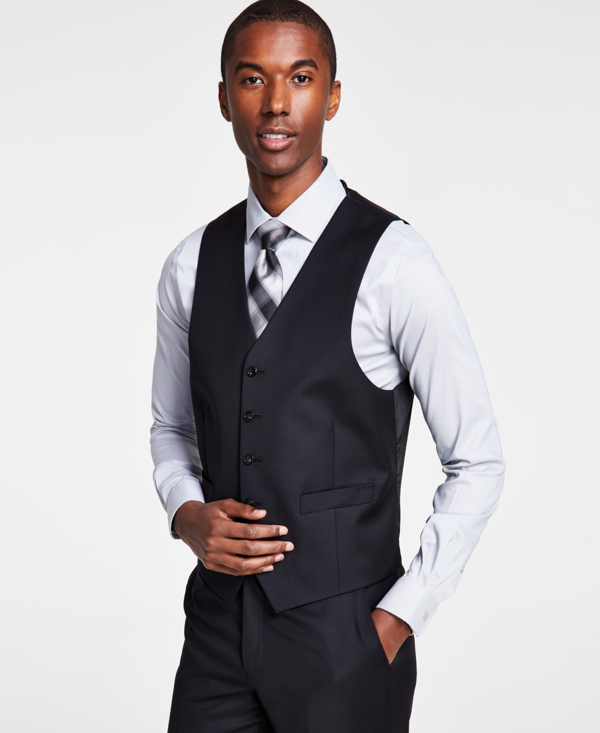 Shop Michael Kors Men's Classic-fit Wool-blend Stretch Solid Suit Vest In Black