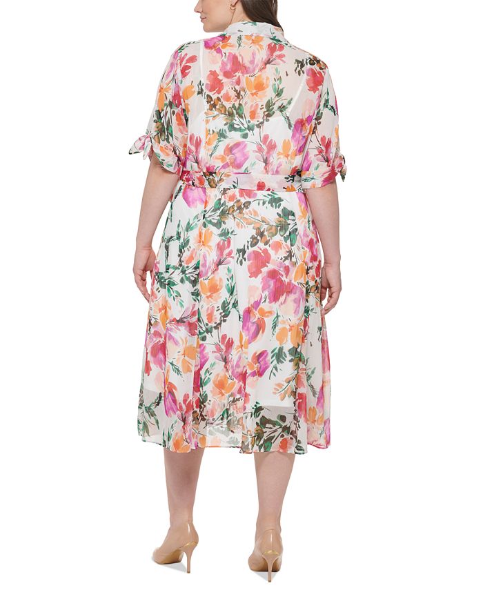 Calvin Klein Plus Size Floral-Print Belted Shirt Dress - Macy's