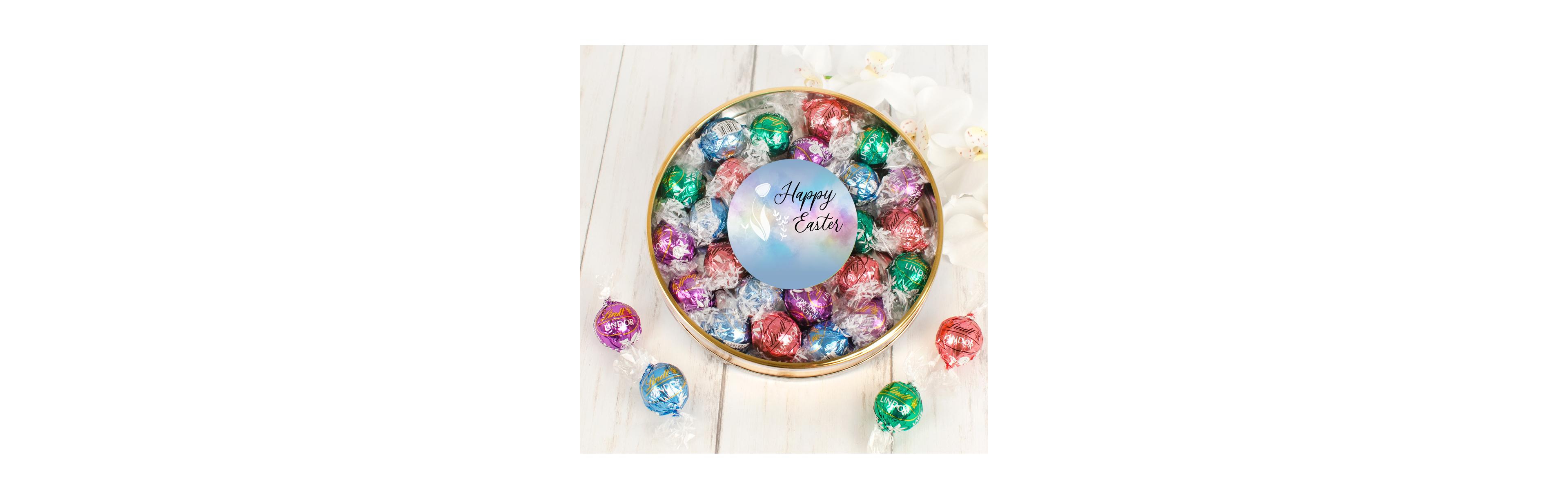 Just Candy Easter Candy Gift Tin with Chocolate Lindor Truffles by Lindt Large Plastic Tin with Sticker, 24 Pieces