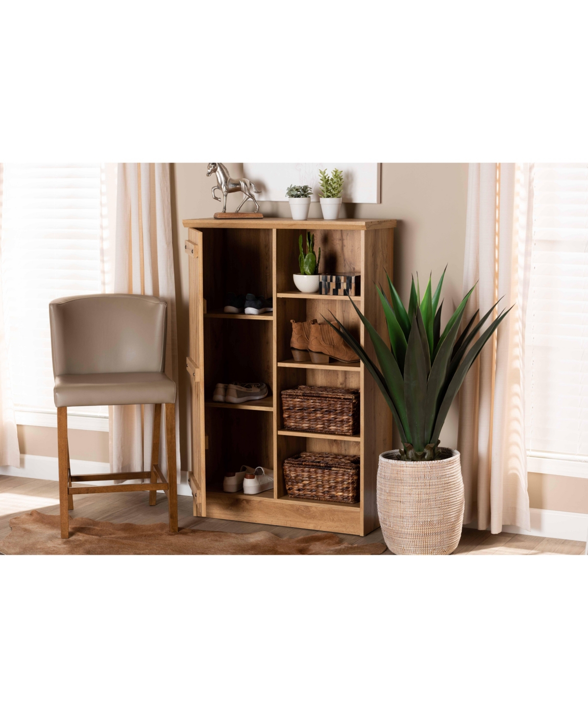 Baxton Studio Eren Modern and Contemporary Farmhouse Natural Finished Wood 1-Door Shoe Cabinet