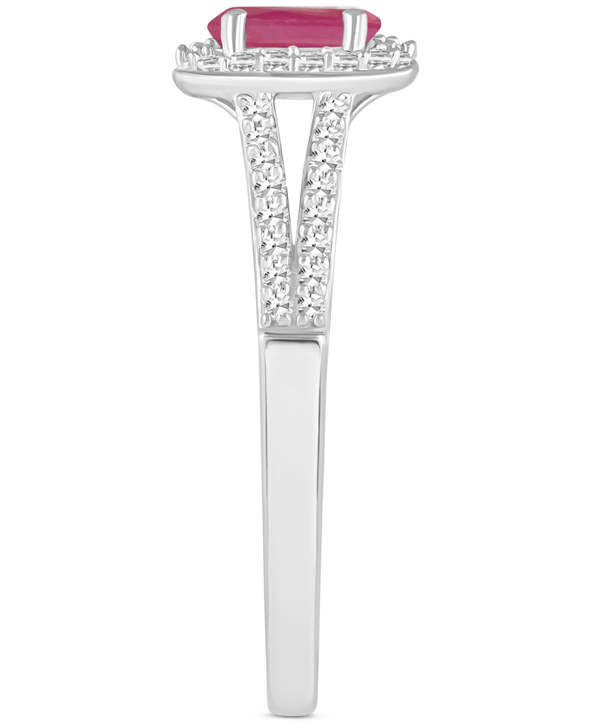 Sapphire (5/8 ct. t.w.) & Diamond (1/4 ct. t.w.) Oval Halo Split Shank Ring in Sterling Silver (Also & Emerald) - RUBY