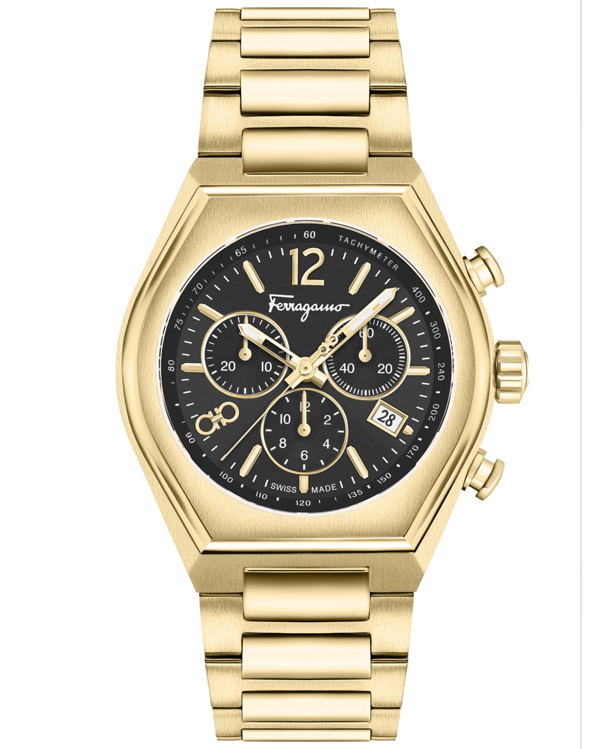 Ferragamo Salvatore  Men's Swiss Chronograph Tonneau Gold Ion Plated Stainless Steel Bracelet Watch 4 In Ip Yellow Gold