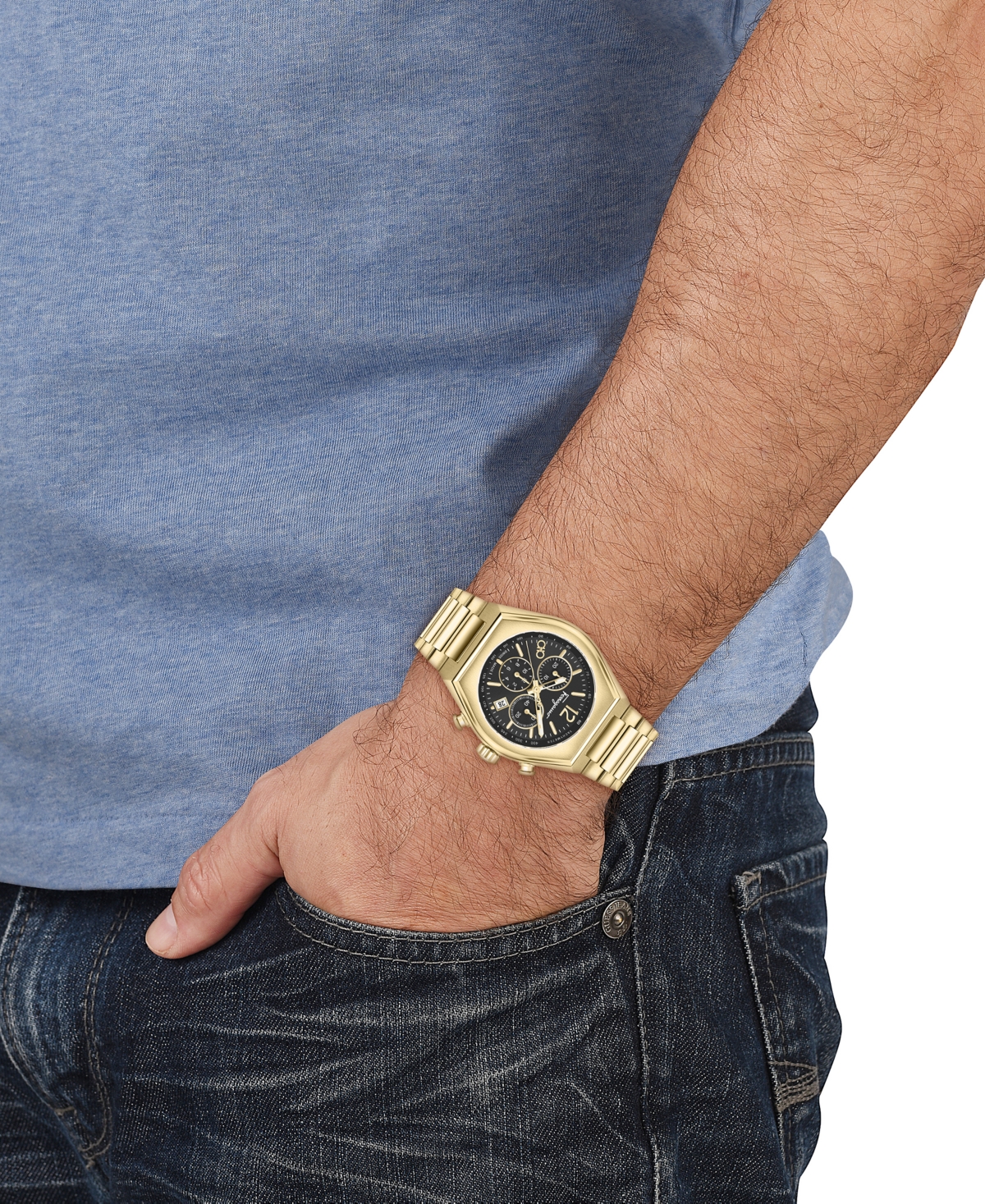 Shop Ferragamo Salvatore  Men's Swiss Chronograph Tonneau Gold Ion Plated Stainless Steel Bracelet Watch 4 In Ip Yellow Gold