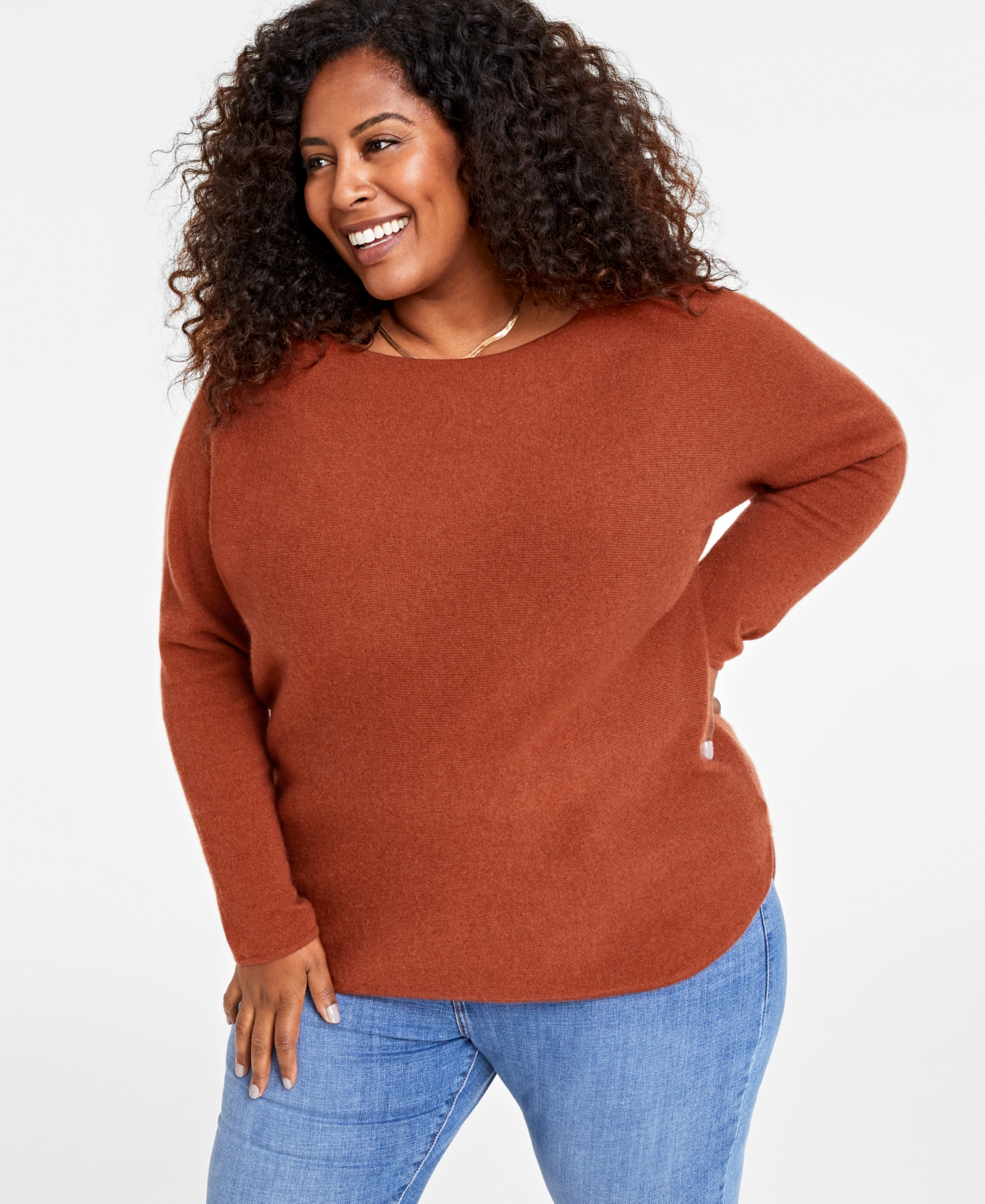Plus Size 100% Cashmere Shirttail Sweater, Created for Macy's - Bronze Pecan