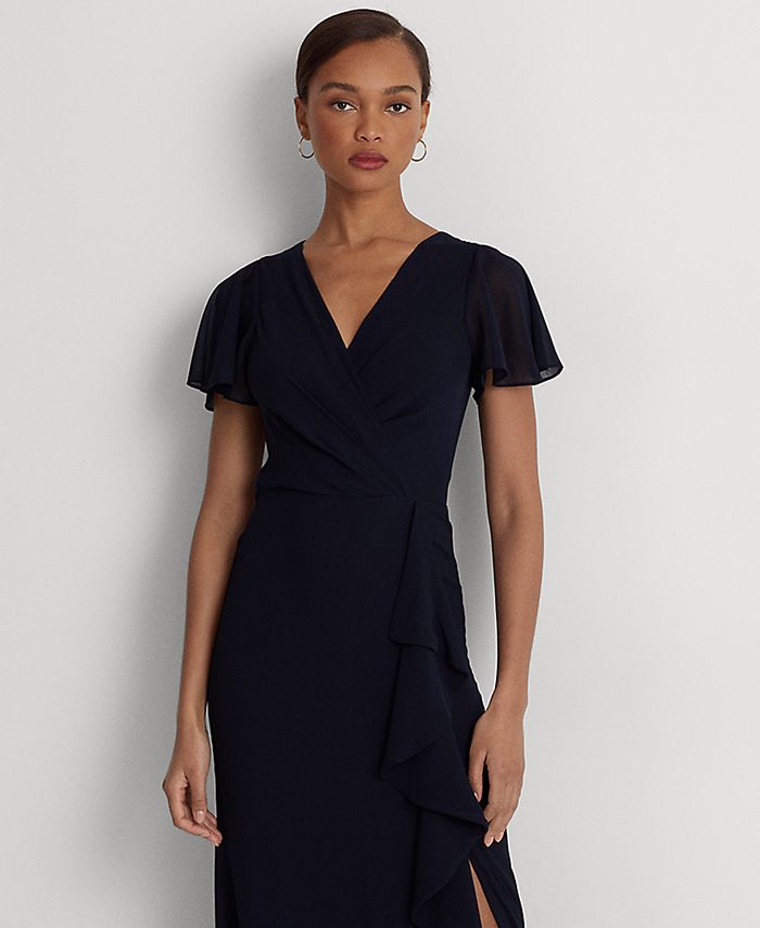 Lauren Ralph Lauren Women's Belted Georgette Flutter-Sleeve Gown - Macy's