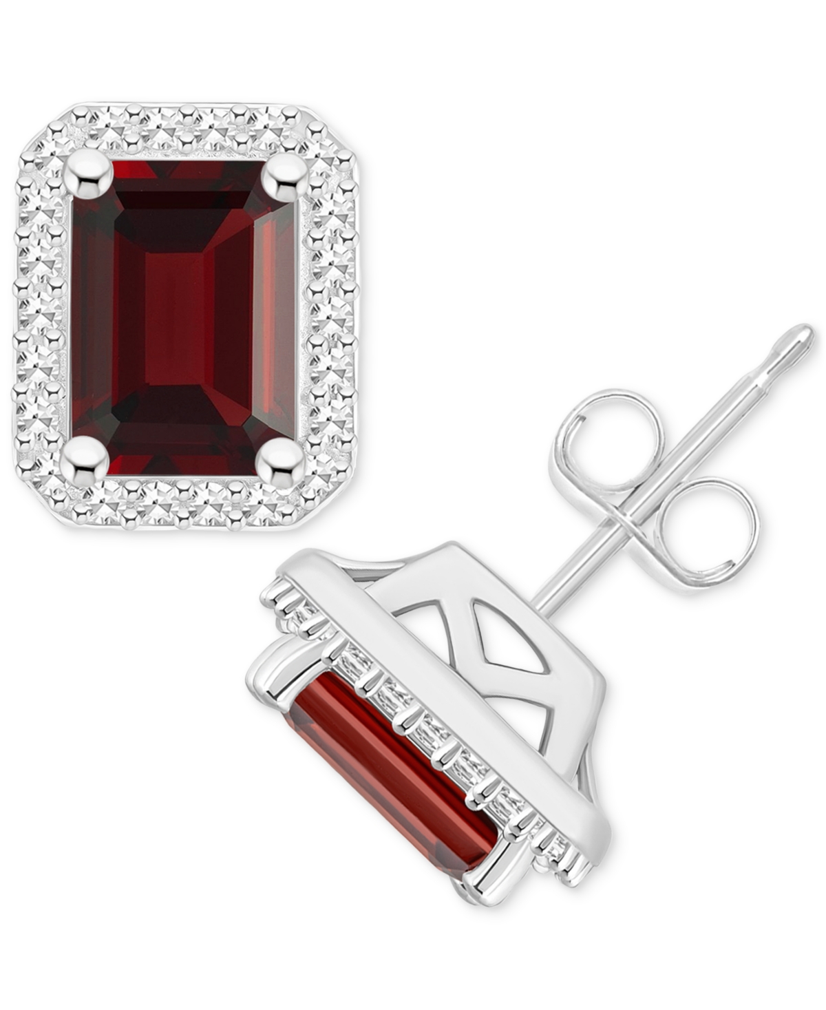 Amethyst (2 ct. t.w.) & Diamond (1/5 ct. t.w.) Halo Stud Earrings in Sterling Silver (Also in Citrine, Peridot, & Blue Topaz) - Garnet