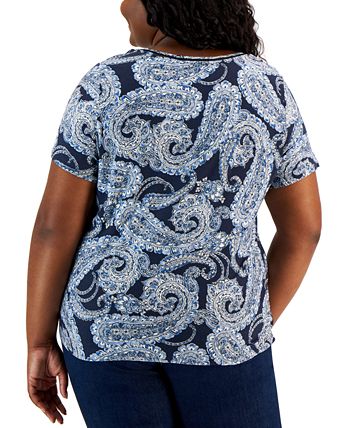 Tommy Hilfiger Plus Size Paisley Print Ladder Trim Top, Created for ...