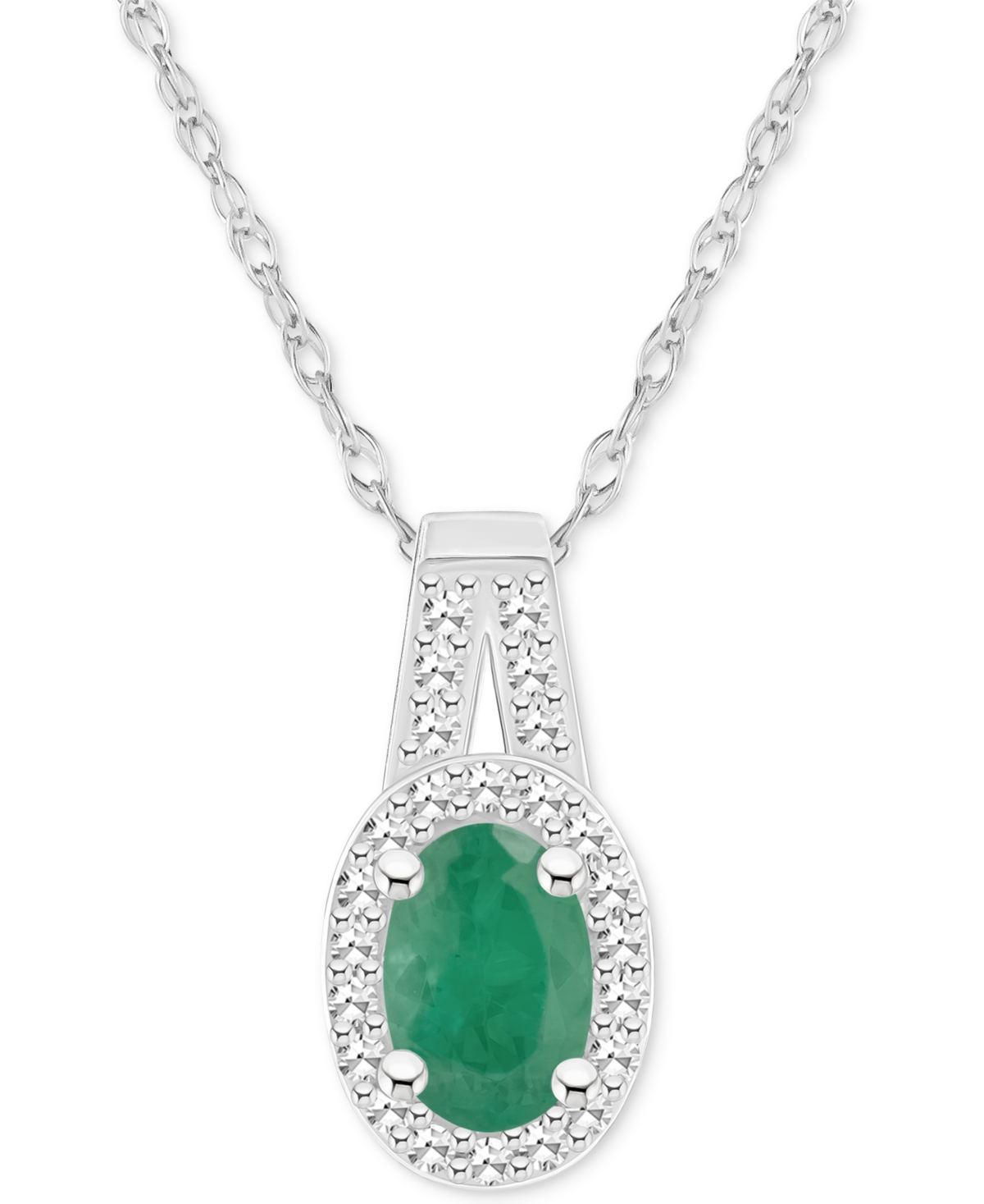 Macy's Emerald (1/2 Ct. T.w.) & Diamond (1/8 Ct. T.w.) Oval Halo 18" Pendant Necklace In Sterling Silver (a In Emerald