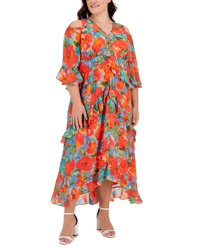 Tahari Plus Size Floral Chiffon Cold-Shoulder Midi Dress - Macy's