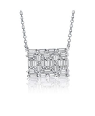 Sterling Silver with White Gold Plating Clear Green Cubic Zirconia Rectangular Cluster Necklace