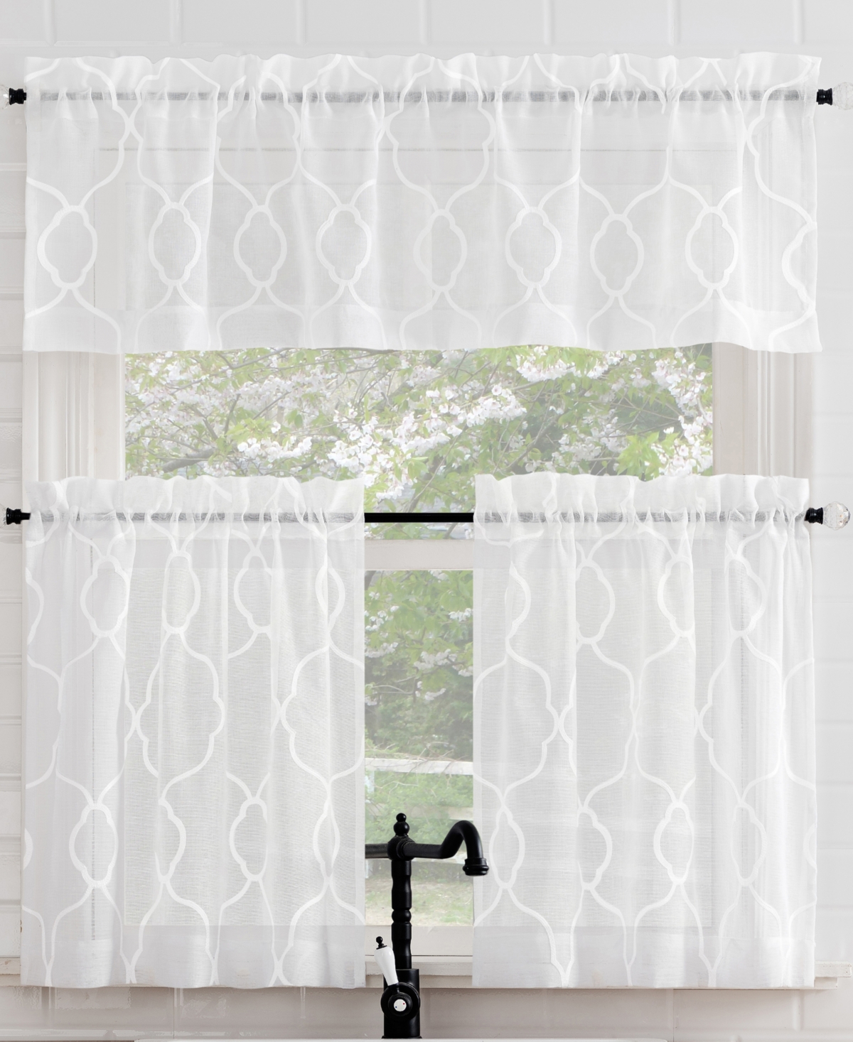 NO. 918 ALLERTON EMBROIDERED TRELLIS LIGHT FILTERING ROD POCKET 3-PC. CURTAIN VALANCE AND TIERS, 52" X 24"