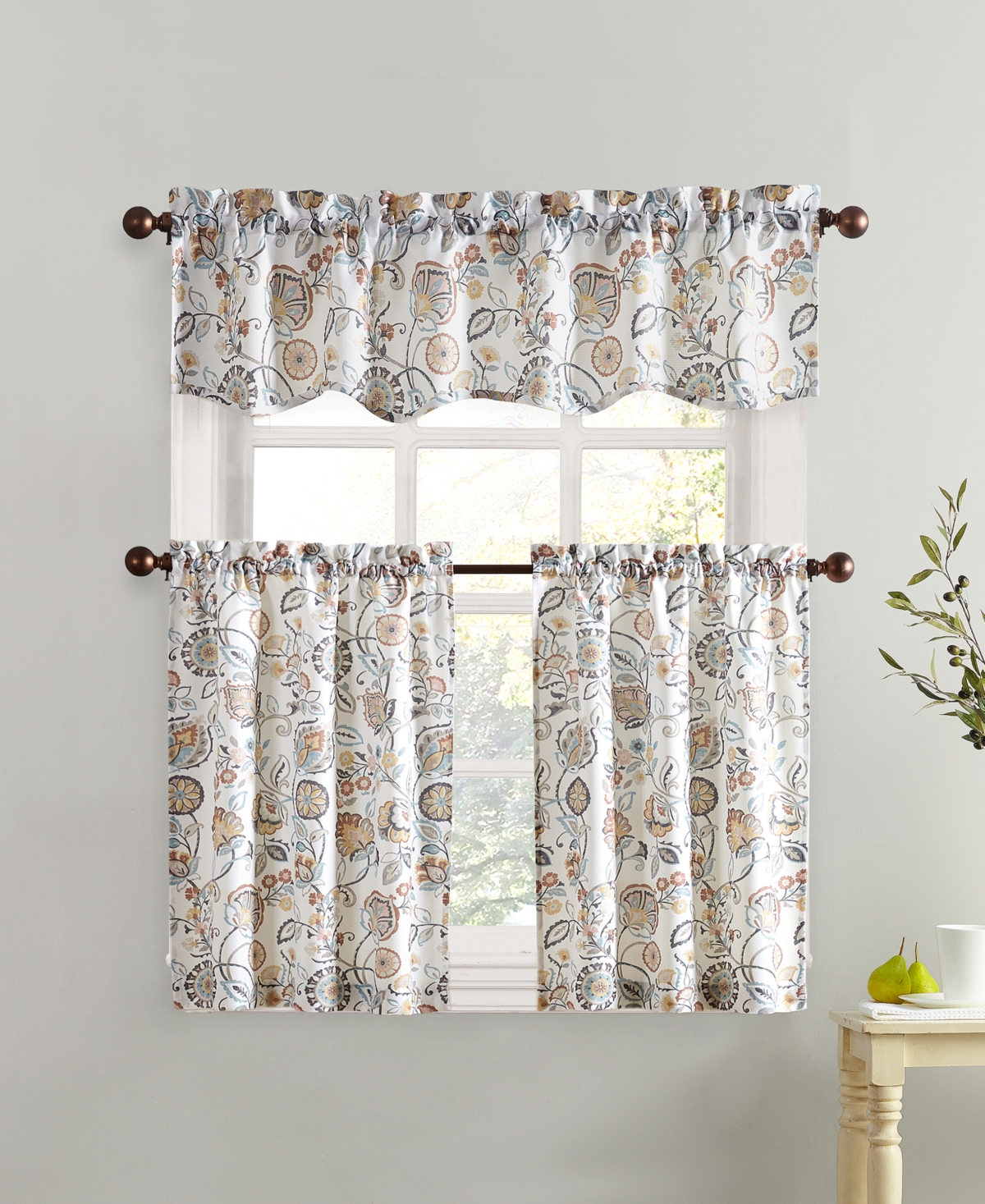 Signy Jacobean Pattern Semi-Sheer Rod Pocket Kitchen Curtain Tier Pair