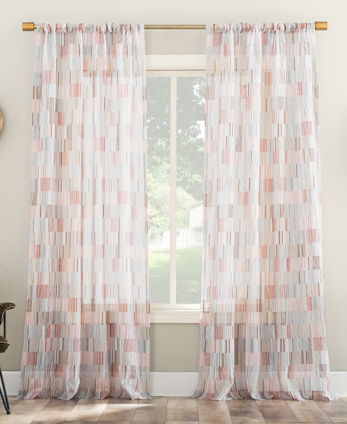 No. 918 Colby Offset, Stripes Sheer Rod Pocket Single Curtain Panel, 56" X 63" In Multicolored